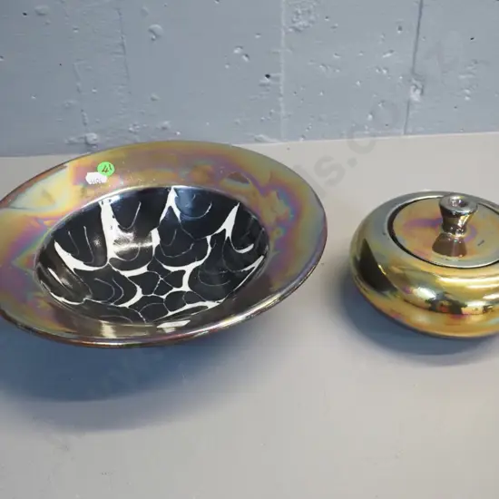 2 pieces Danny Moorwood  metallic lustre studio pottery - cover pot and bowl with black and white inner motif D-260