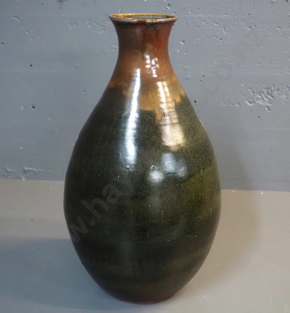 large studio pottery mottle-glazed vase - unknown mark on base H-500 D-260 at widest Image 1++