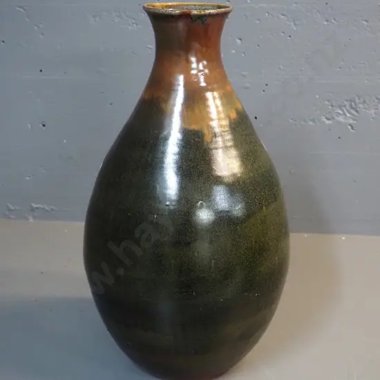 large studio pottery mottle-glazed vase - unknown mark on base H-500 D-260 at widest