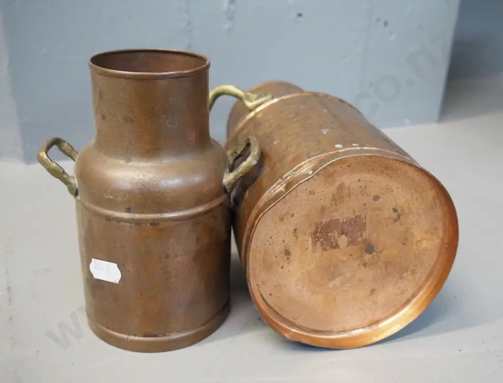 pair of copper vases or containers in the shape of milk jugs, no lids - a few dents, taller is H210 Image 1++