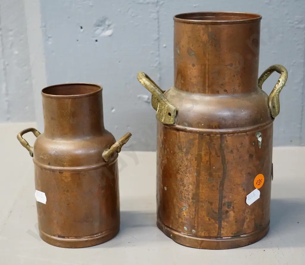 pair of copper vases or containers in the shape of milk jugs, no lids - a few dents, taller is H210 Image 1++