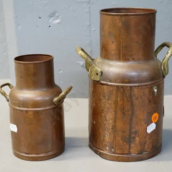 pair of copper vases or containers in the shape of milk jugs, no lids - a few dents, taller is H210