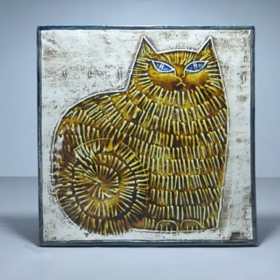 large period Lisa Larson pottery cat tile plaque from her 1961 “unik” series (unique)