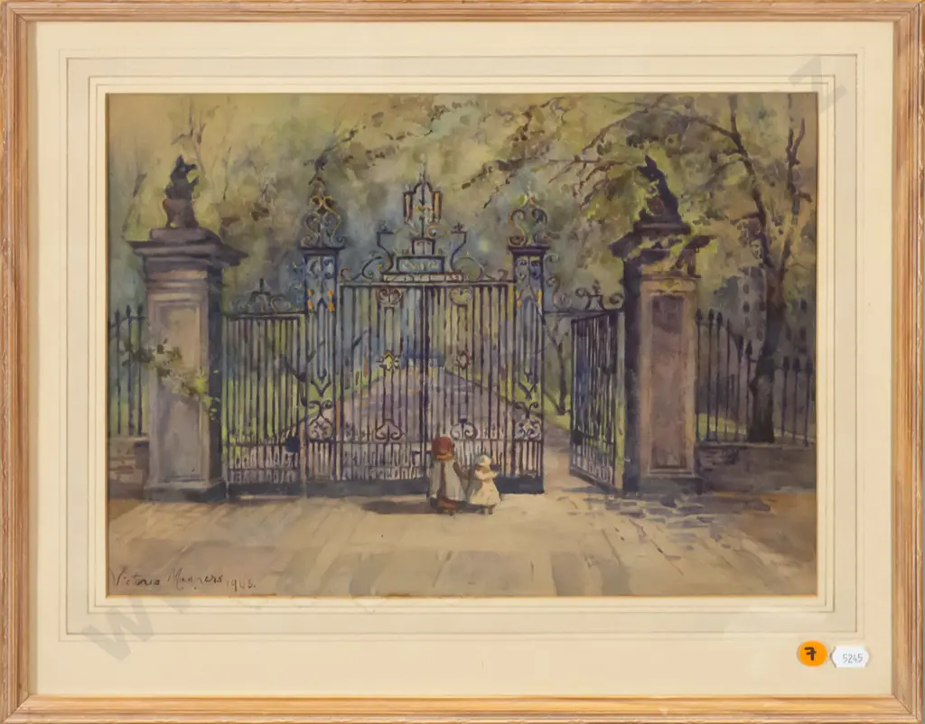 Victoria Manners 1906 - framed watercolour - children at the gates H-260 W-350 (slight marking to mat) Image 1++