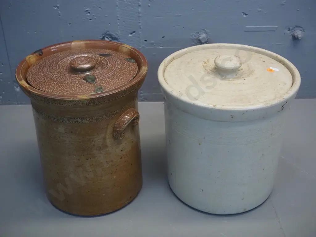 2 wide mouth storage crocks: Lambert Bros. Dunedin H280 D240, small crack & Timaru Potteries with chip to lid, Image 1++