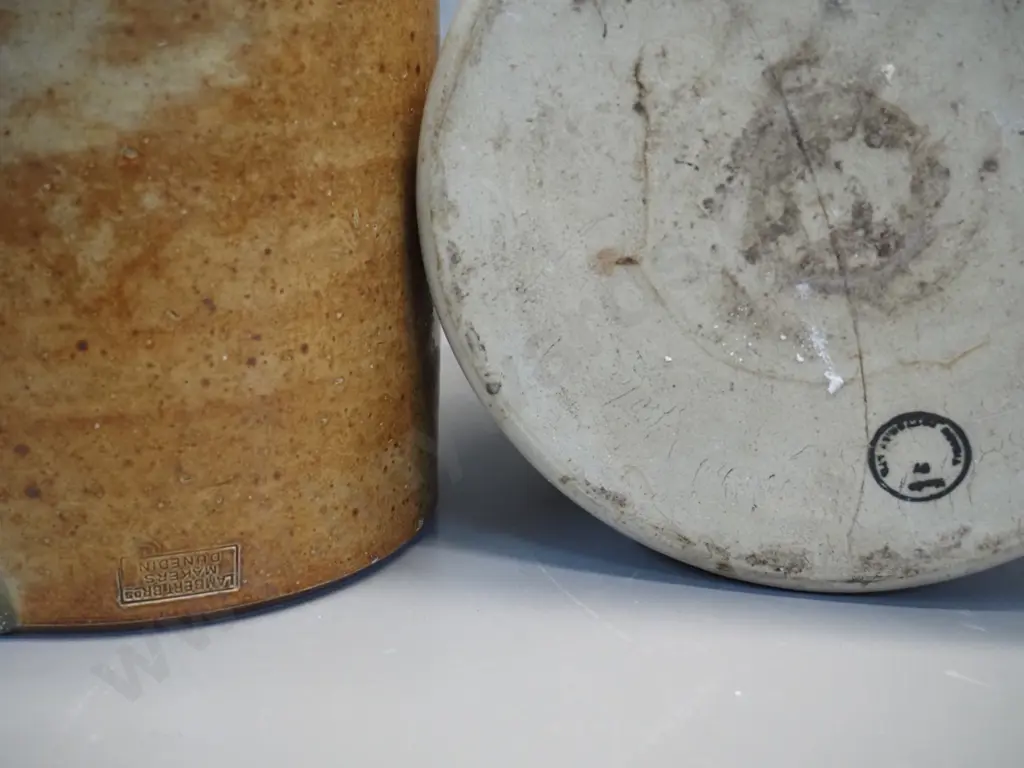 2 wide mouth storage crocks: Lambert Bros. Dunedin H280 D240, small crack & Timaru Potteries with chip to lid, Image 1++