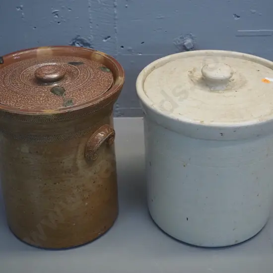 2 wide mouth storage crocks: Lambert Bros. Dunedin H280 D240, small crack & Timaru Potteries with chip to lid,