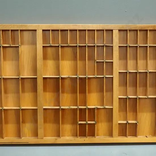 vintage printing type tray with brass reinforcing, has holes drilled for wall mounting L-845 W420