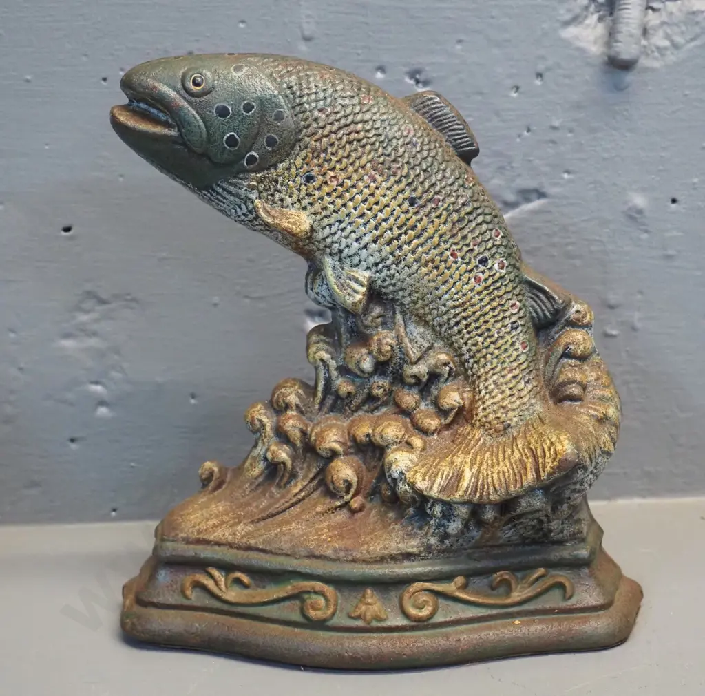 cast iron trout door stop made by Wright Studios - H180 W165 Image 1++