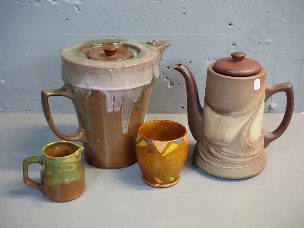 Te Rona pottery coffee pot w/drip glaze H190, smaller with swirl glaze and chip to spout, small jug, and Luke Adams pot Image 1++