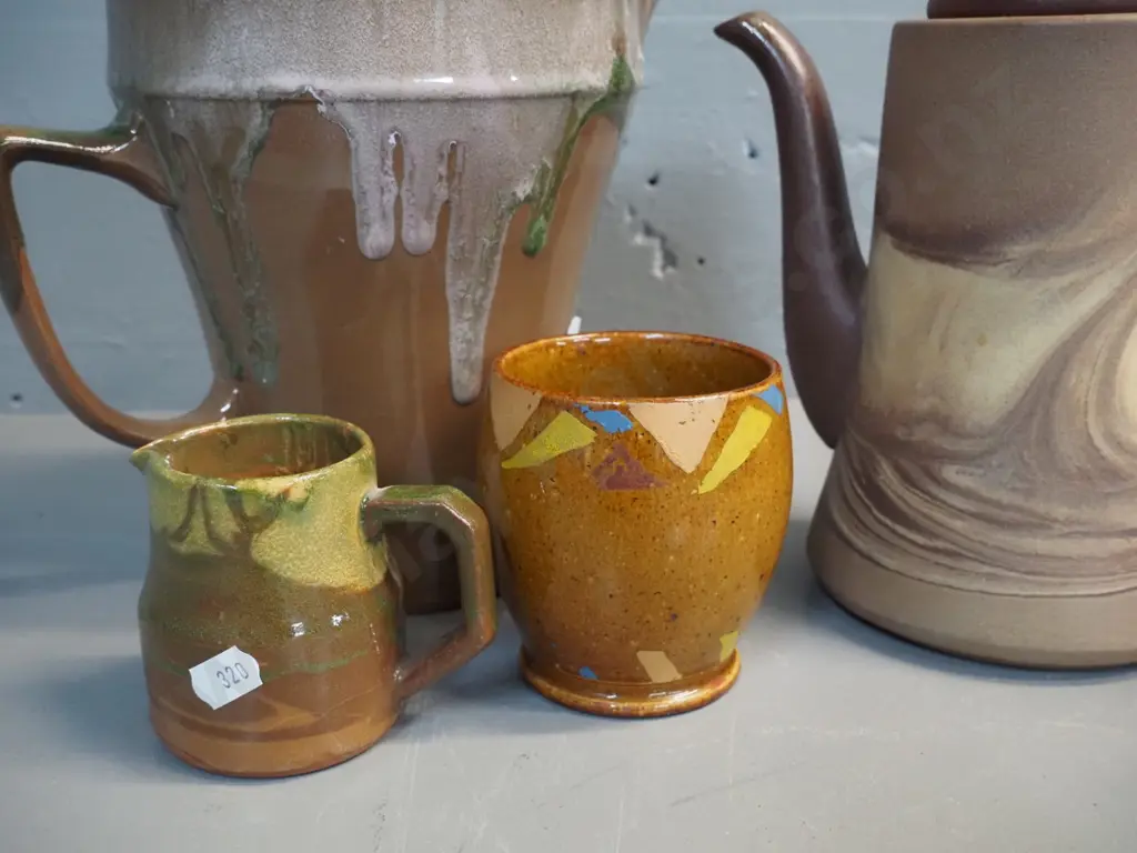 Te Rona pottery coffee pot w/drip glaze H190, smaller with swirl glaze and chip to spout, small jug, and Luke Adams pot Image 1++