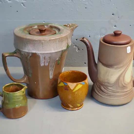 Te Rona pottery coffee pot w/drip glaze H190, smaller with swirl glaze and chip to spout, small jug, and Luke Adams pot