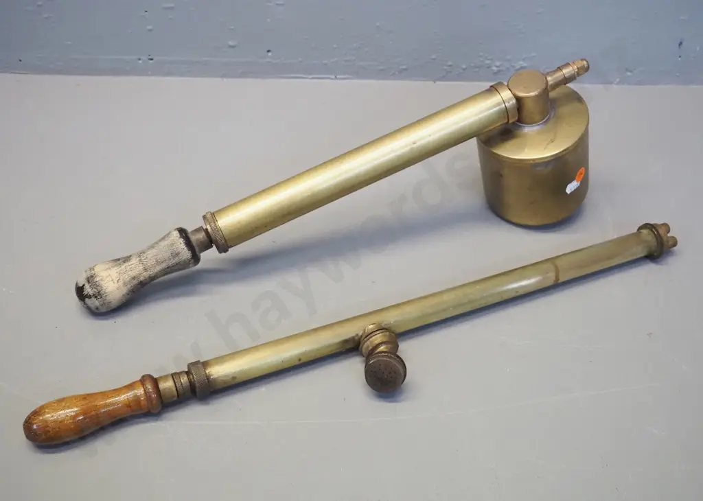 two vintage brass pump action garden sprayers with timber handles, one with tank, some wear & tear - longer is L550 Image 1++