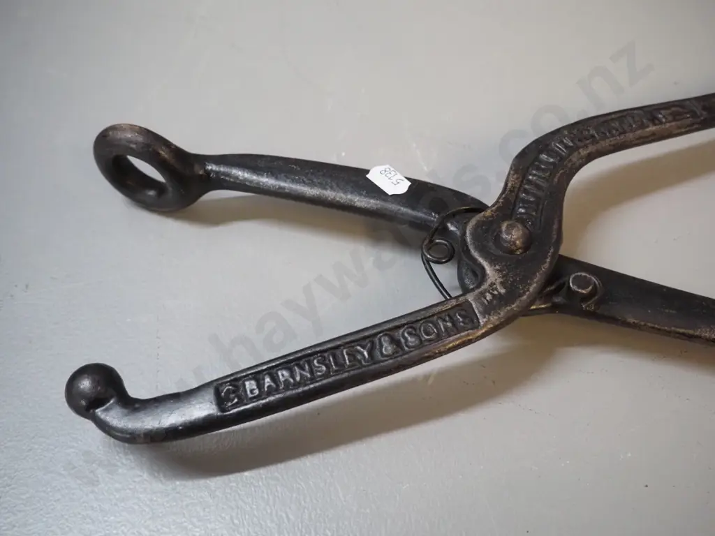 2 pairs cast iron blacksmith's tongs - larger is L-600, and spring-action pincer with ball end - leatherworking? Image 1++