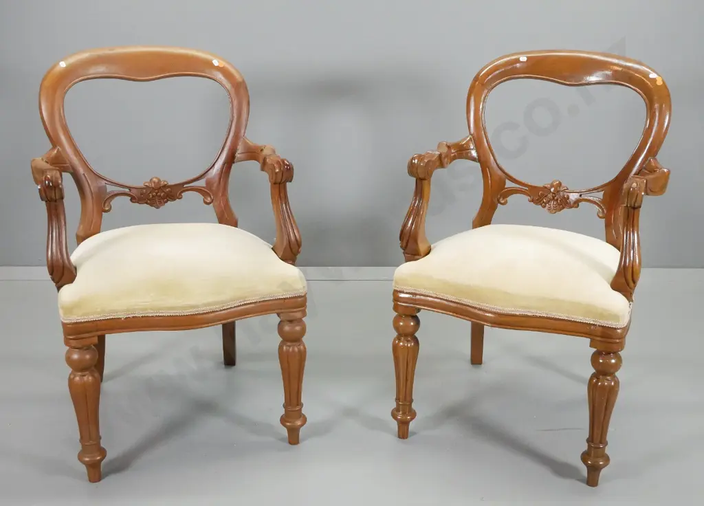 pair reproduction mahogany carved balloon back dining chairs carver chairs, gold suede fabric seats H910 W530 D520 Image 1++