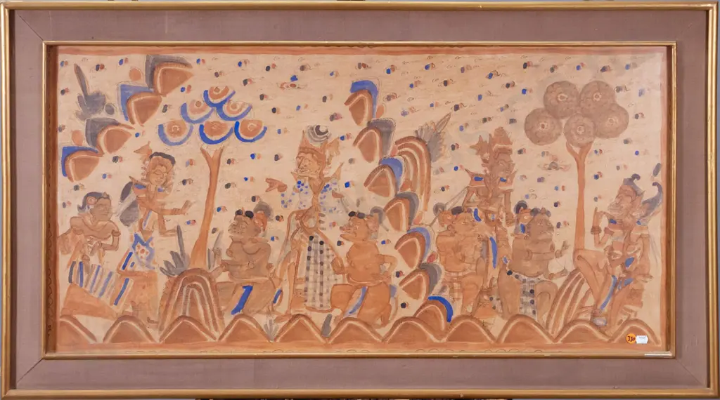 framed ink and watercolour on fabric South East Asian scene H-430 W-880 Image 1++