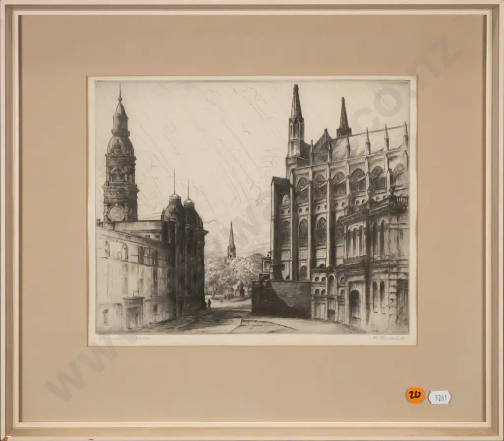 AH Mclintock - framed etching  "Dunedin Vista" H-220 W-260 Image 1++
