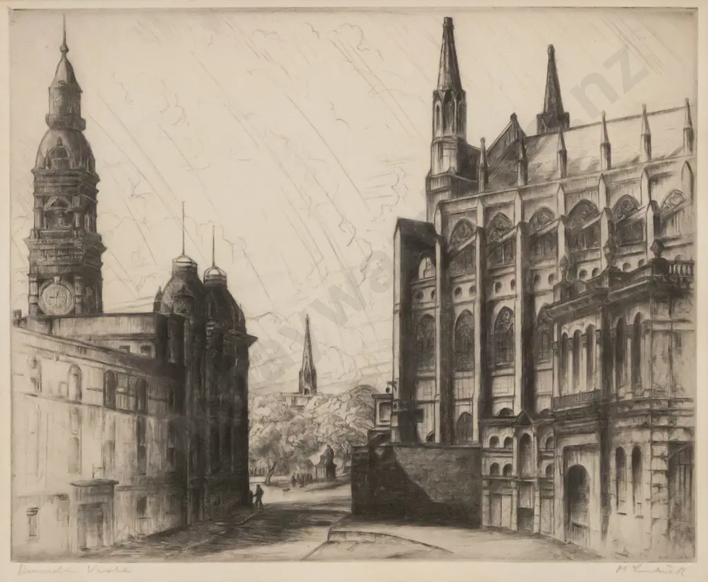 AH Mclintock - framed etching  "Dunedin Vista" H-220 W-260 Image 1++