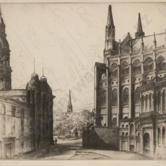 AH Mclintock - framed etching  "Dunedin Vista" H-220 W-260