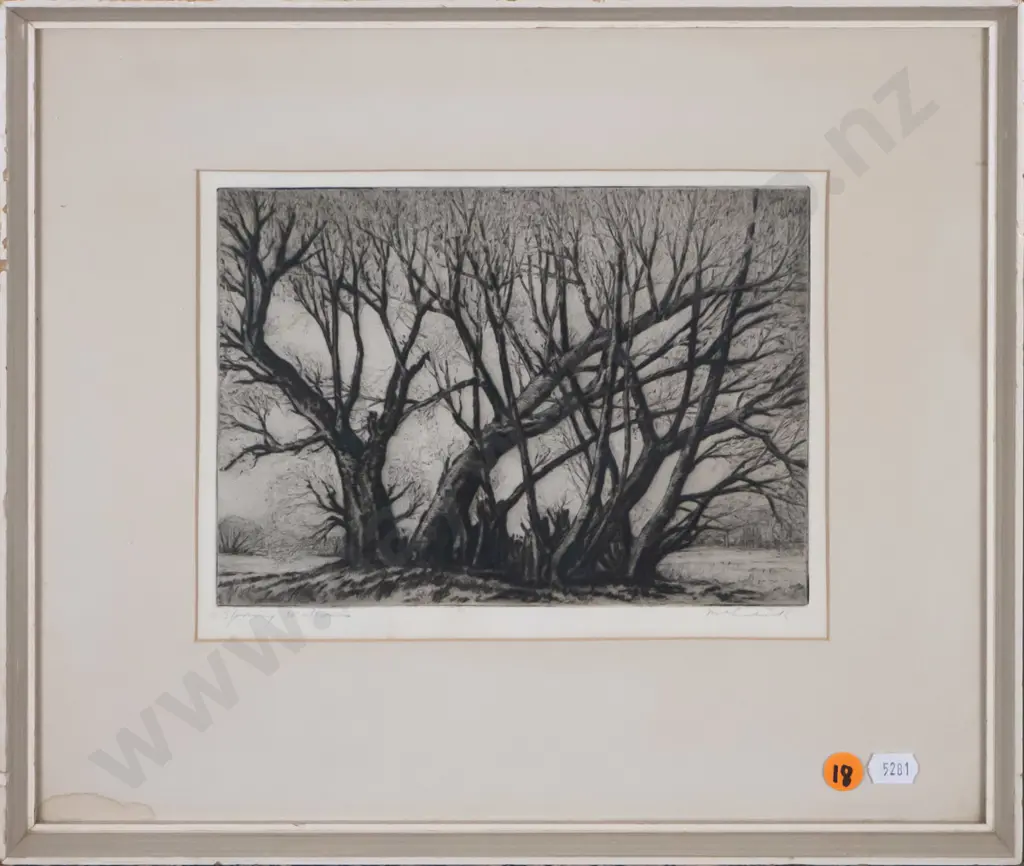 AH Mclintock - framed etching "Spring Willows" H-150 W-205 (framing needs attention) Image 1++