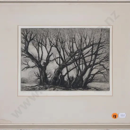 AH Mclintock - framed etching "Spring Willows" H-150 W-205 (framing needs attention)