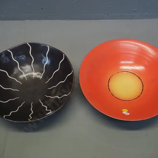2 studio pottery bowls - red, orange and black Danny Moorwood D-255 and one other with no maker's marks