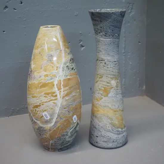 2 travertine swirled marble vases - taller is H-310 D-90 at base, small chip to rim