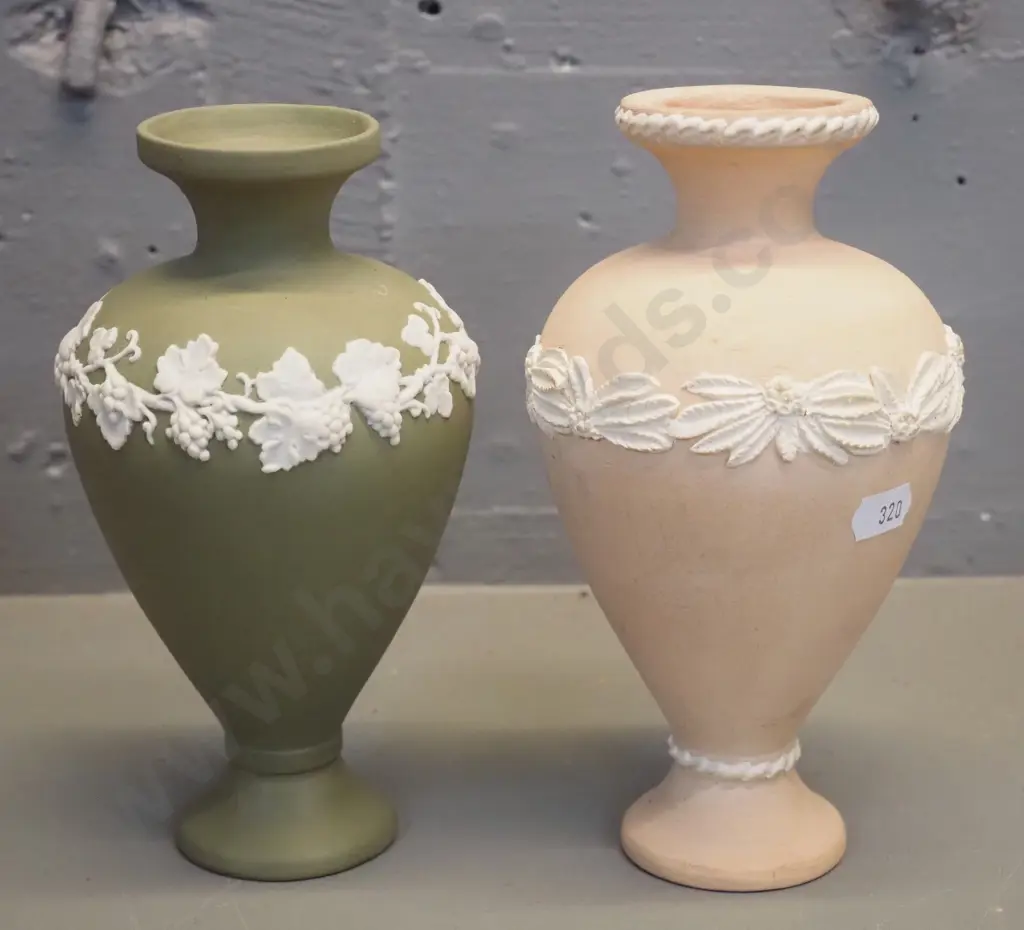 2 Lovatt New Zealand pottery jasperware style vases - peach colour H-190 D-100 and olive green Image 1++