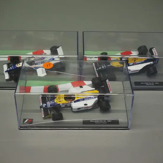 3 die-cast 1:43 scale Formula 1 racing cars - 1993 Alain Prost, 1994 Damon Hill, 1997 Nelson Piquet