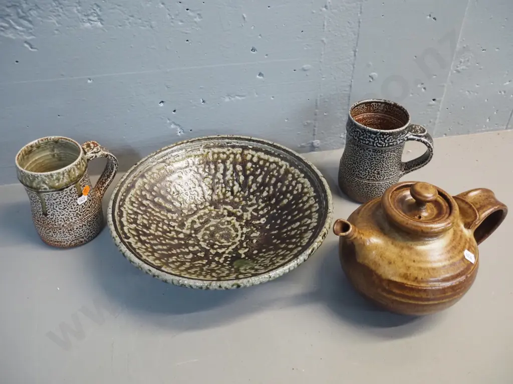 4 pieces studio pottery - 2 Danny Moorwood coffee mugs, teapot and bowl D285 with unknown marks - bowl has chips to base Image 1++