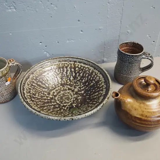 4 pieces studio pottery - 2 Danny Moorwood coffee mugs, teapot and bowl D285 with unknown marks - bowl has chips to base
