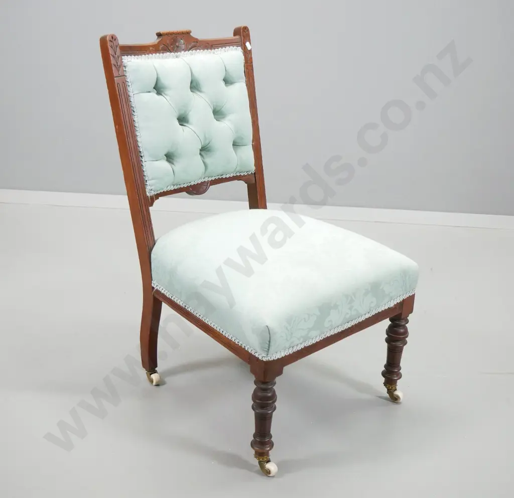 Edwardian nursing chair with show-wood frame on original porcelain casters, light blue damask fabric Image 1++