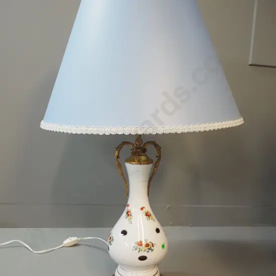floral china and brass table lamp - with shade H-810