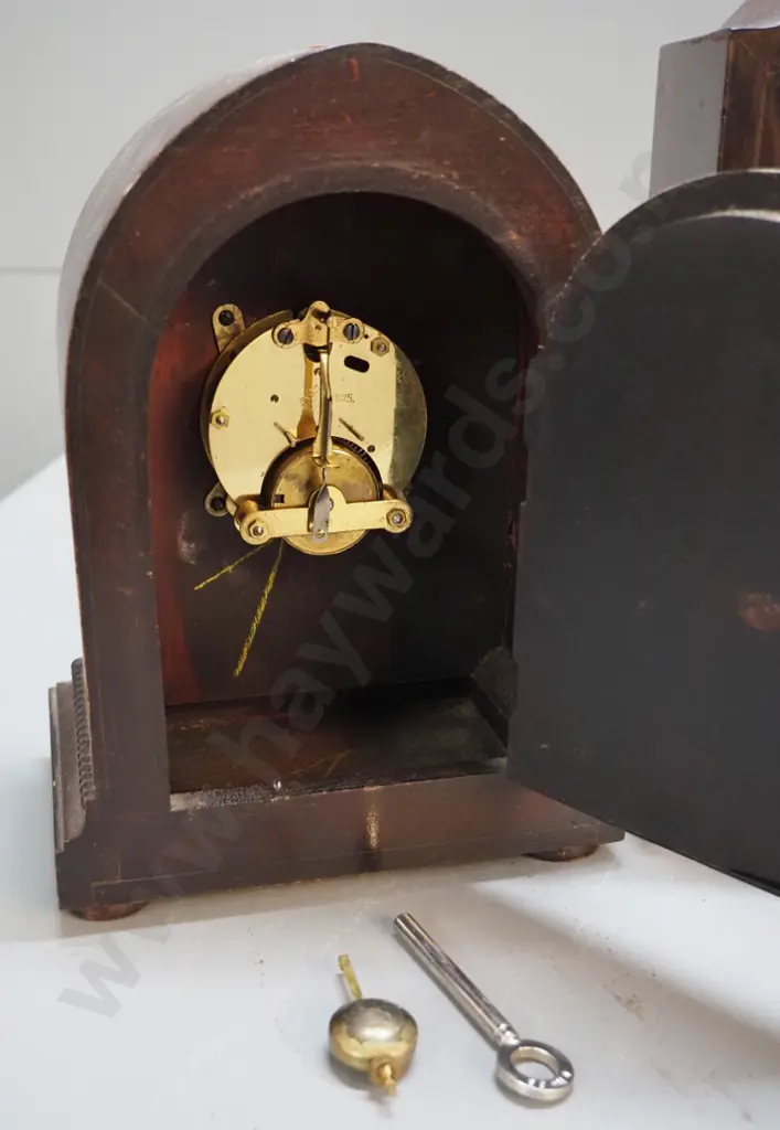 2 wood-cased mantel clocks - taller (not working), smaller (working) - polish on both need attention, larger H-290 Image 1++