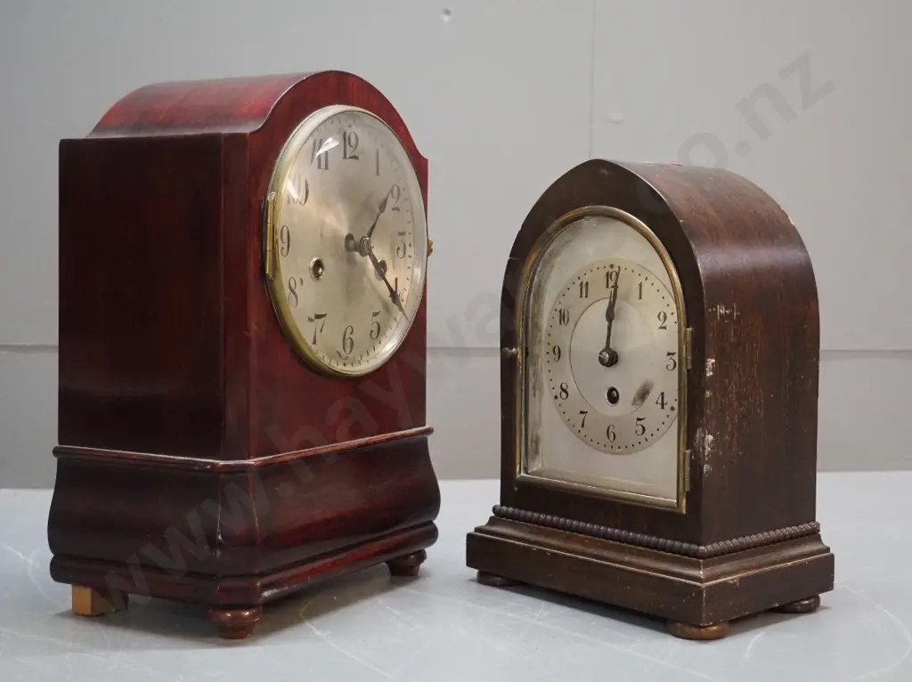2 wood-cased mantel clocks - taller (not working), smaller (working) - polish on both need attention, larger H-290 Image 1++