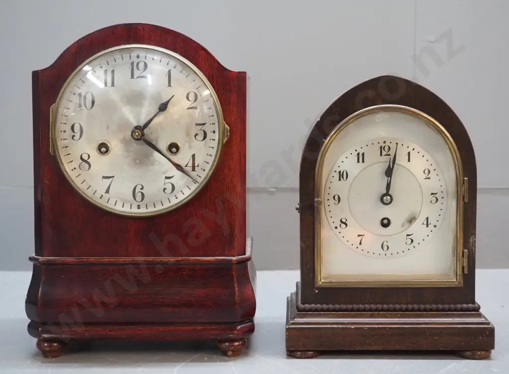 2 wood-cased mantel clocks - taller (not working), smaller (working) - polish on both need attention, larger H-290 Image 1++