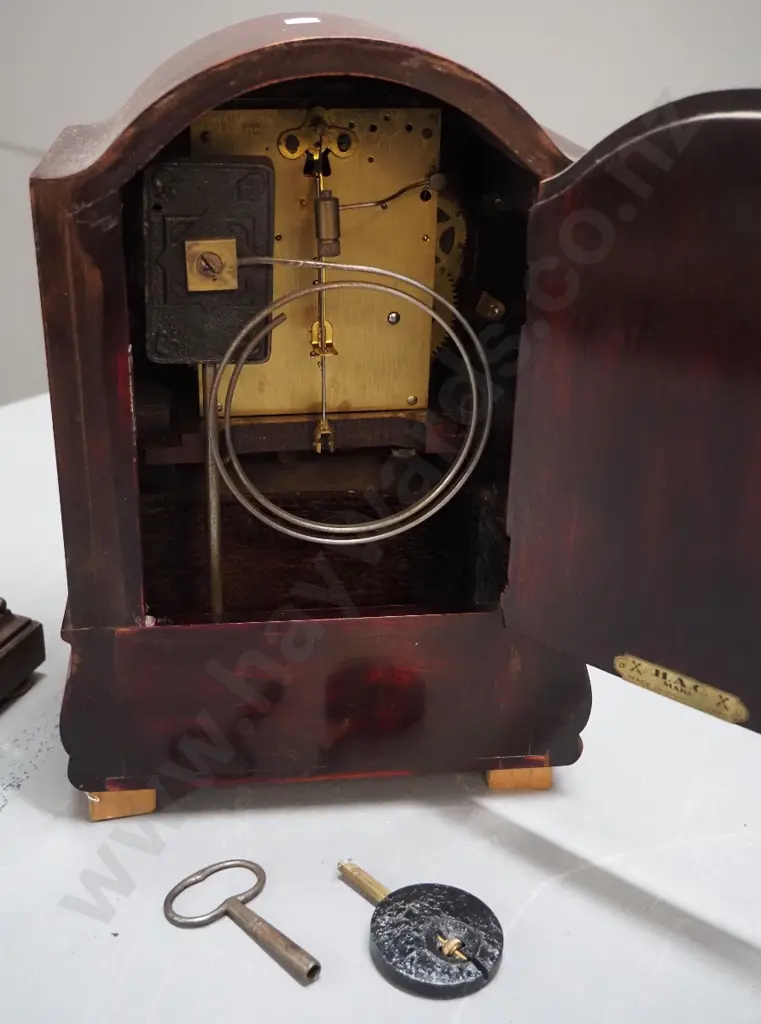 2 wood-cased mantel clocks - taller (not working), smaller (working) - polish on both need attention, larger H-290 Image 1++