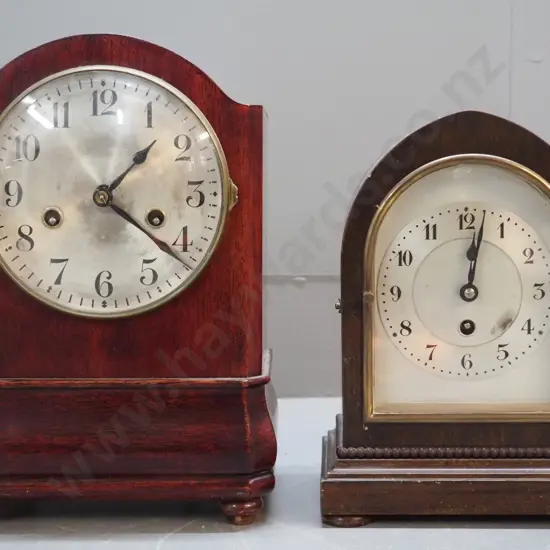 2 wood-cased mantel clocks - taller (not working), smaller (working) - polish on both need attention, larger H-290
