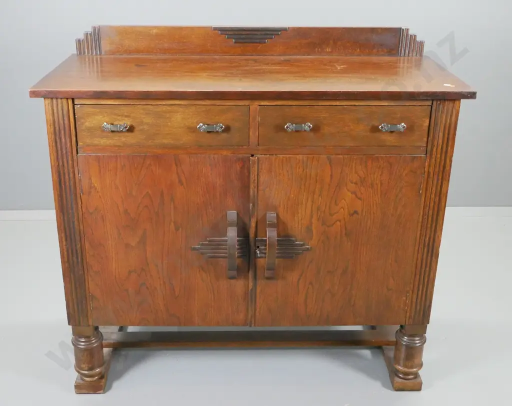 deco oak sideboard  2-door w/wooden handles, 2 drawer, stretcher base, escutcheon and key - polish needs attention Image 1++
