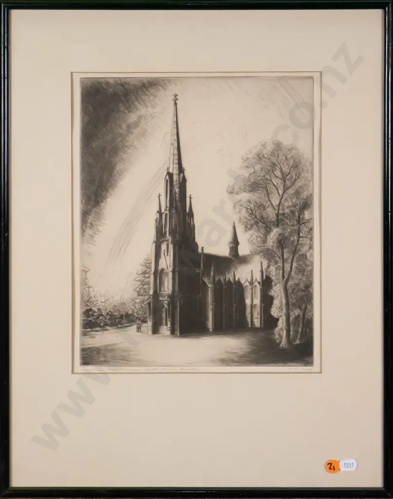 AH Mclintock - framed etching  "First Church" H-280  W-230 Image 1++
