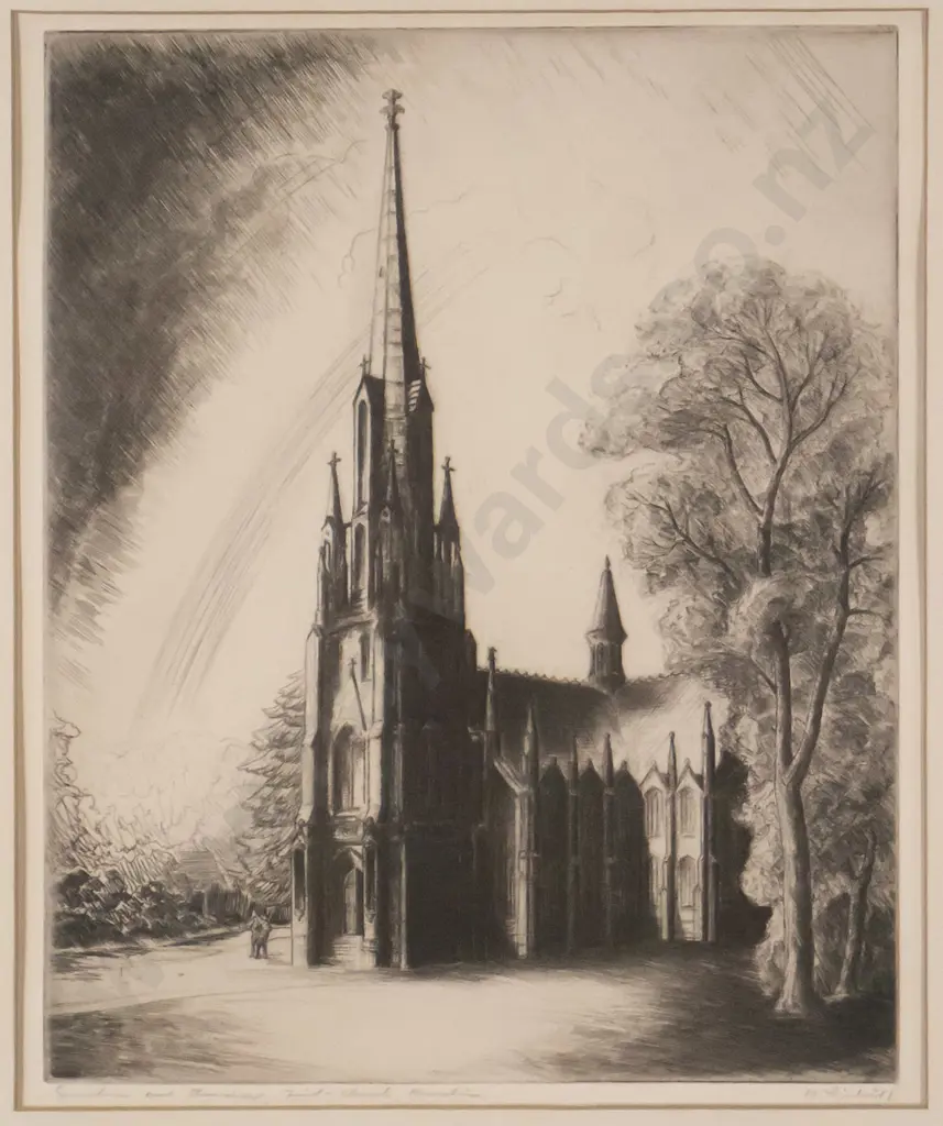 AH Mclintock - framed etching  "First Church" H-280  W-230 Image 1++