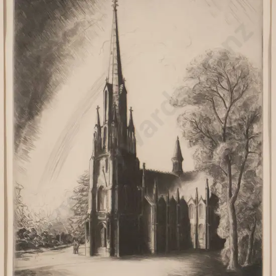 AH Mclintock - framed etching  "First Church" H-280  W-230