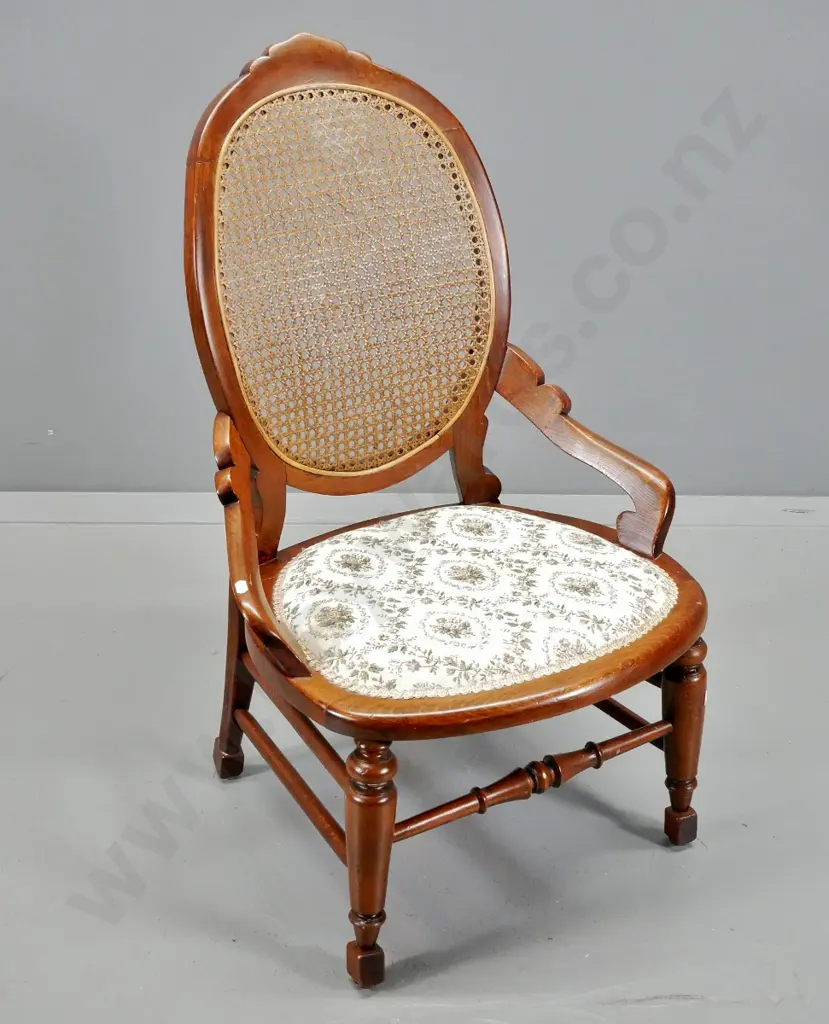 Victorian walnut balloon back nursing chair w/ bergere cane back, tapestry seat H-850 W-550 D-500 Image 1++