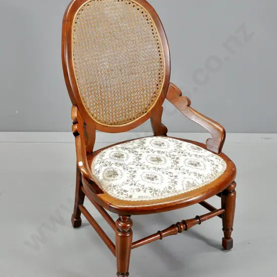 Victorian walnut balloon back nursing chair w/ bergere cane back, tapestry seat H-850 W-550 D-500