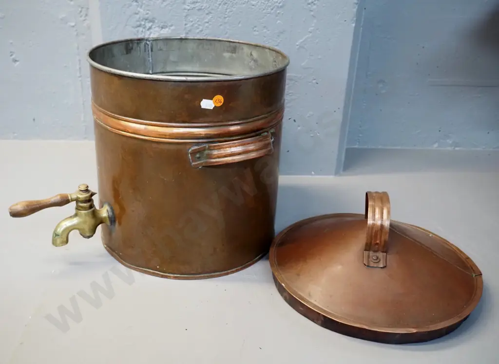 copper lidded hot water urn with brass tap, electric element, no cord or wiring H440 D280 Image 1++