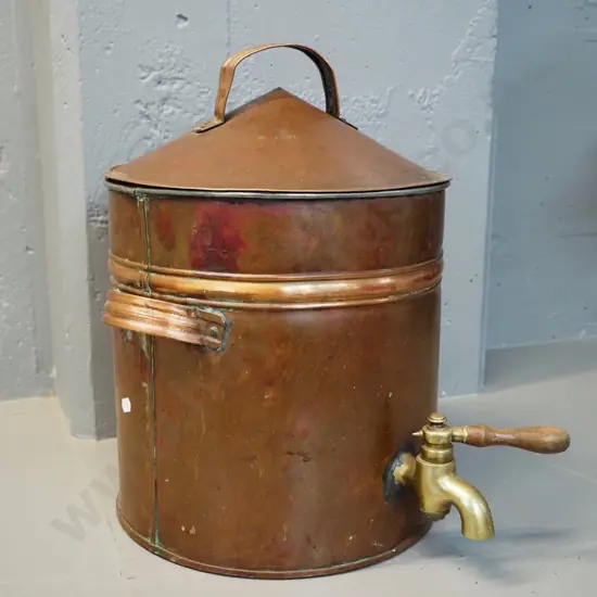 copper lidded hot water urn with brass tap, electric element, no cord or wiring H440 D280