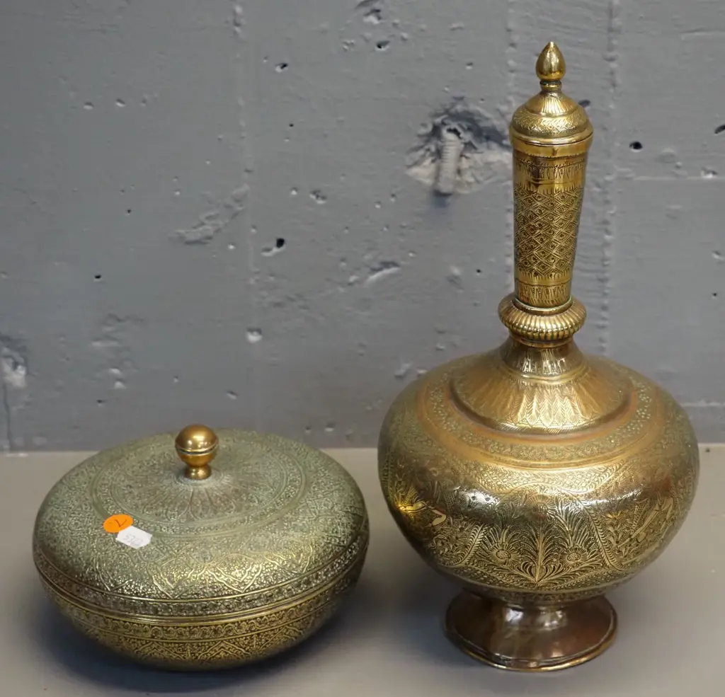 2 pieces of Persian style brass - cover pot marked Kinco and tall stoppered vessel H320 Image 1++