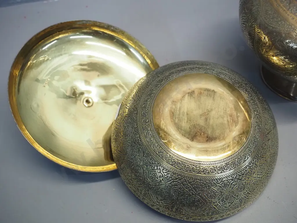 2 pieces of Persian style brass - cover pot marked Kinco and tall stoppered vessel H320 Image 1++