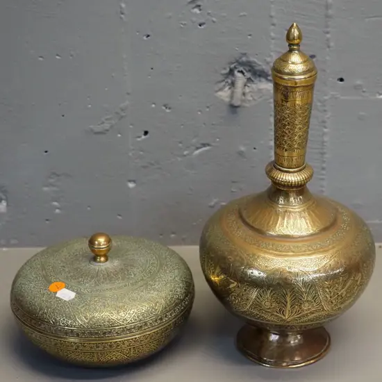 2 pieces of Persian style brass - cover pot marked Kinco and tall stoppered vessel H320