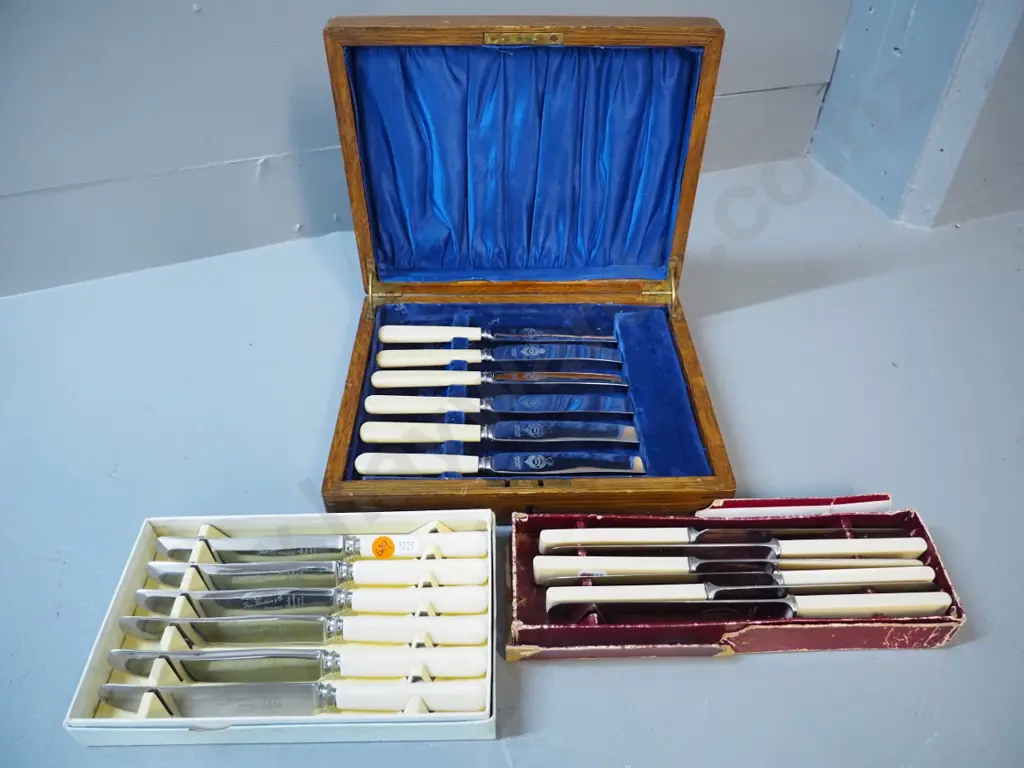 3 sets bone and/or faux bone handled knives, one in wooden box, one with square handles Image 1++